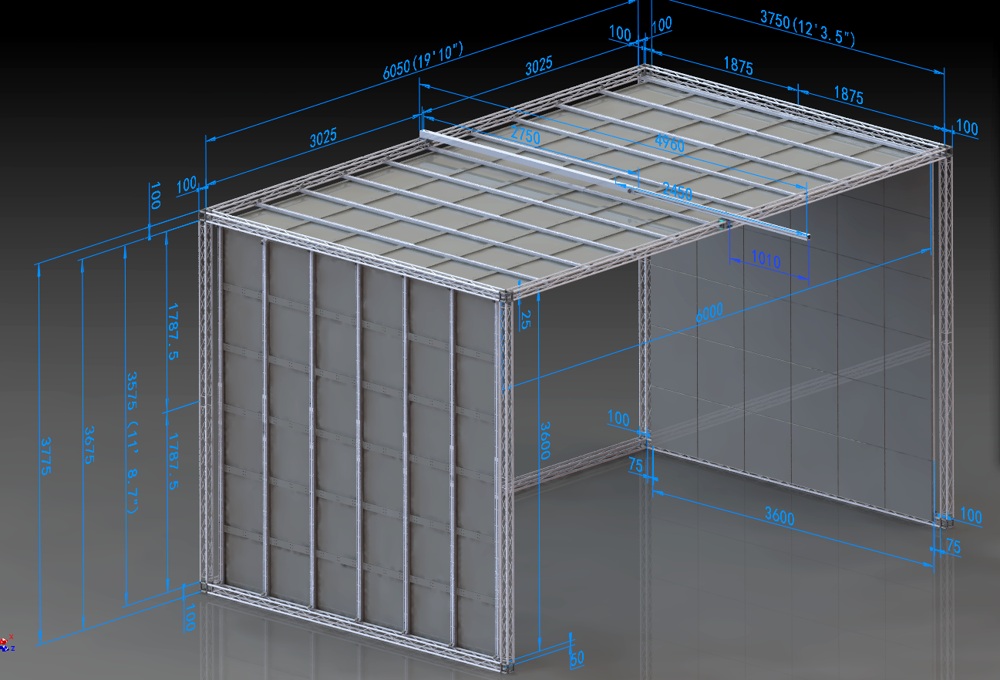 XT-6036-36 frame and panel layout with dimensions in millimeters